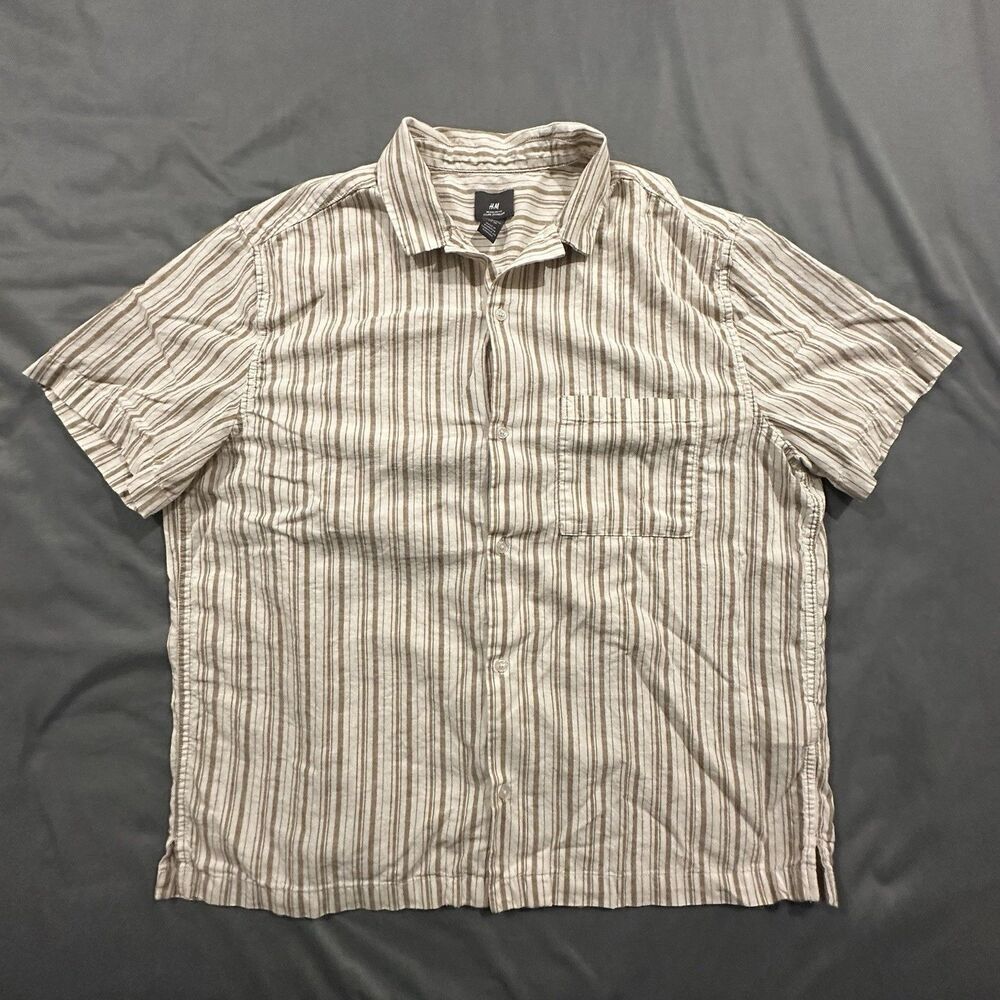 H&M Linen Shirt Mens XL Regular Fit Button Front Short Sleeve Striped Beach